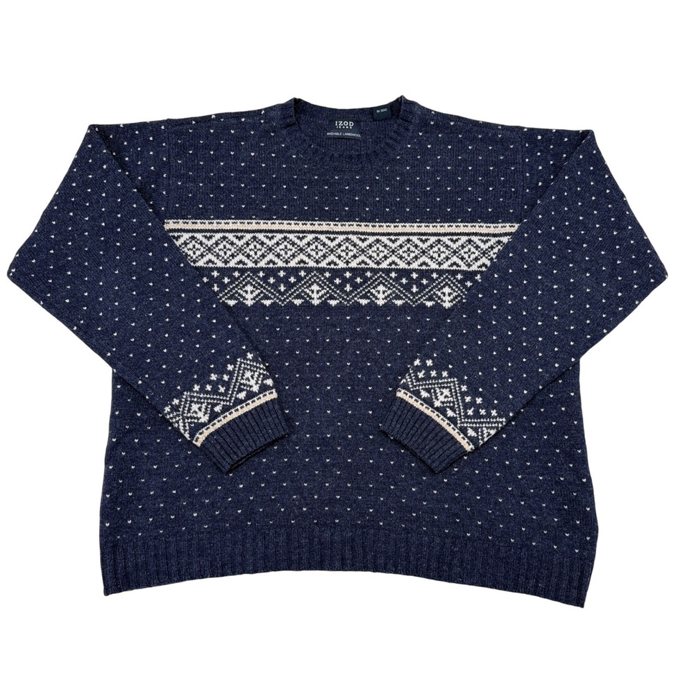 Vintage Izod Sweater Mens Medium Navy Blue Fair Isle Crewneck Pullover Lambswool